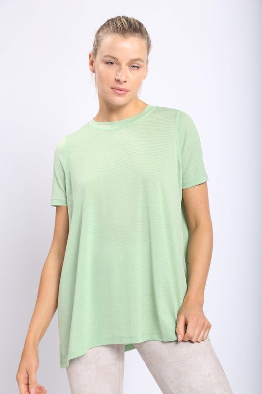 Striped Mesh Active Longline Shirt with Keyhole Back in Fair Green
