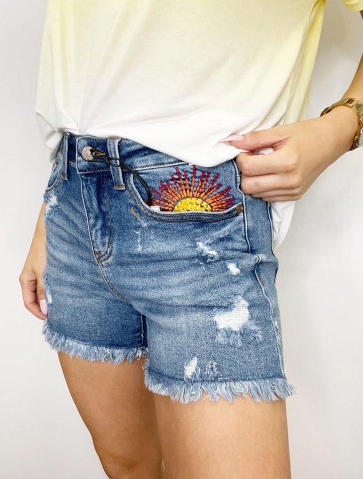 Judy Blue Hi-Rise Sun Embroidery Cutoff Shorts
