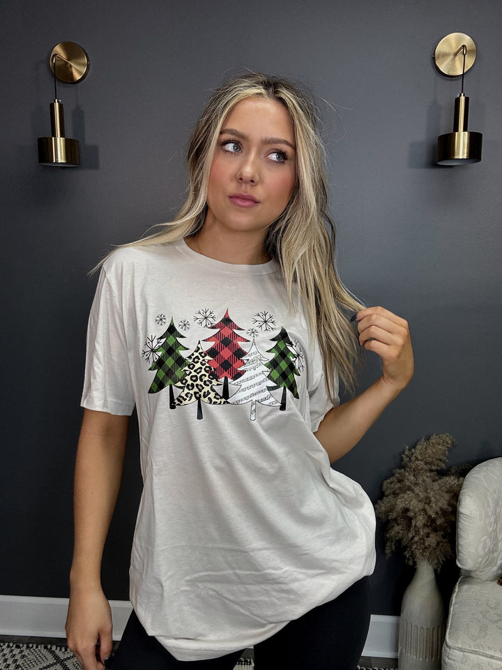 Patterned Christmas Trees x5 Beige Graphic T-Shirt