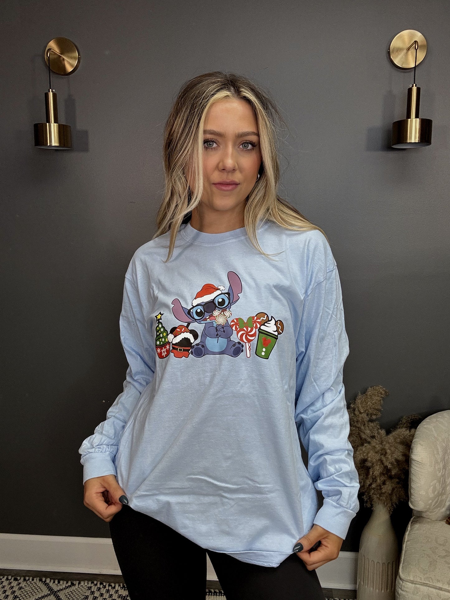 Stitch Xmas Blue Long Sleeve Graphic Tee