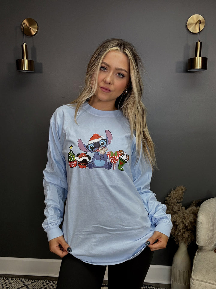 Stitch Xmas Blue Long Sleeve Graphic Tee