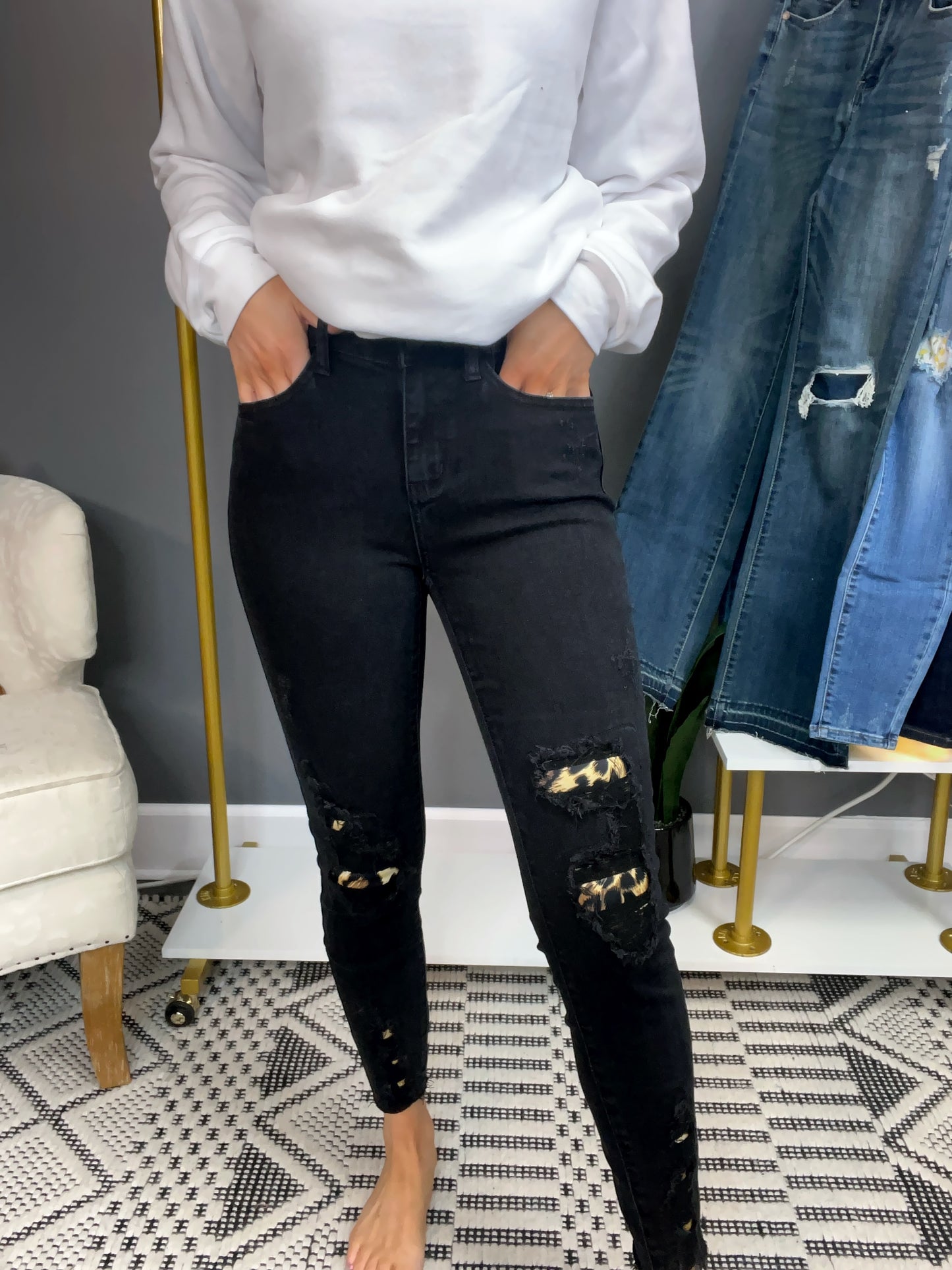 Judy Blue Black Destroyed Leopard Patch Skinny Jeans