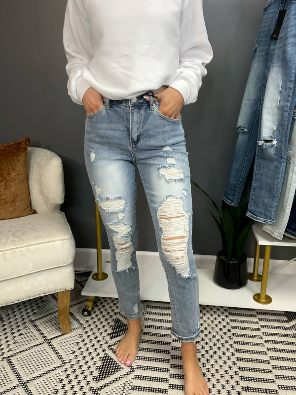 Distressed Relaxed Fit Roll Up Cuff Skinny-Light Wash Jeans