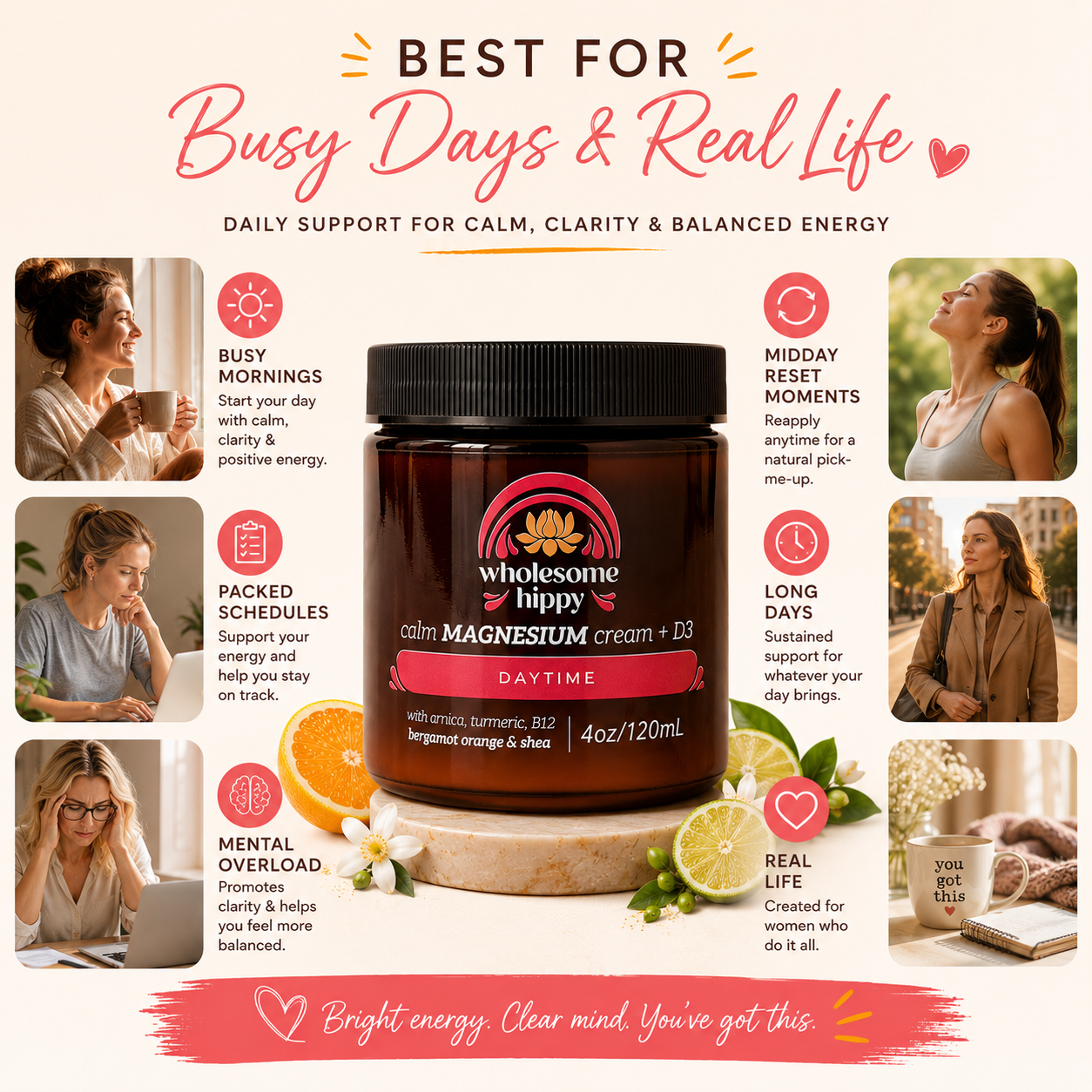 Daytime Calm Cream | Magnesium Cream + D3 | Bergamot Orange | 4oz