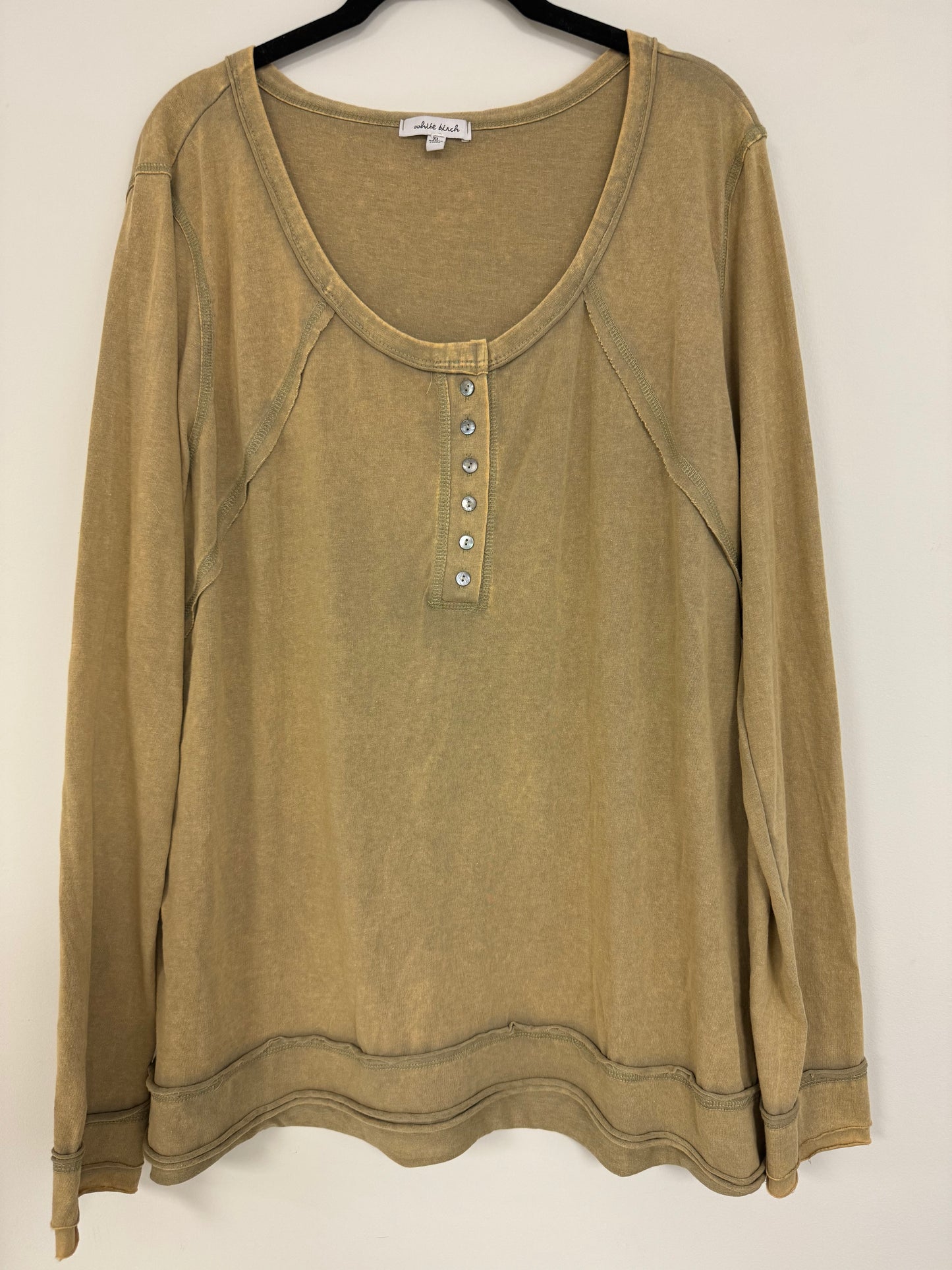White Birch Long Sleeve Pearl Button Washed Olive Top