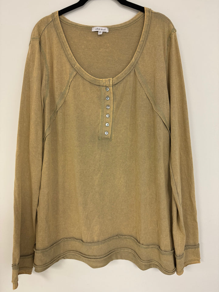 White Birch Long Sleeve Pearl Button Washed Olive Top