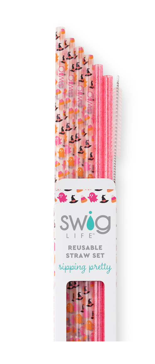 Hey Boo+Pink Glitter Reusable Straw Set