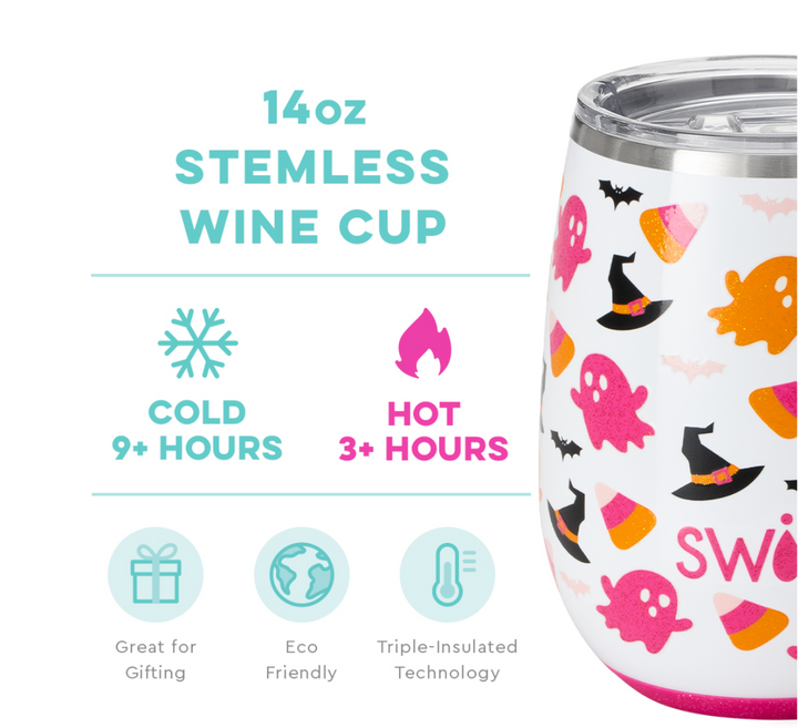 Hey Boo+Pink Glitter Stemless Wine Cup (14oz)