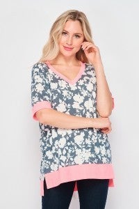 Navy Floral Short Sleeve Veekender with Pink Contrast