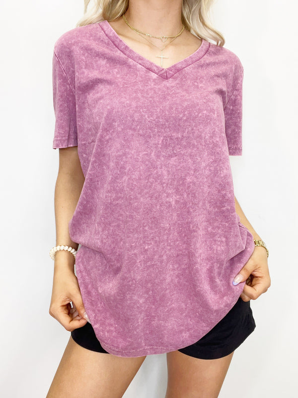 Custom Magenta Acid Wash V-Neck Tee