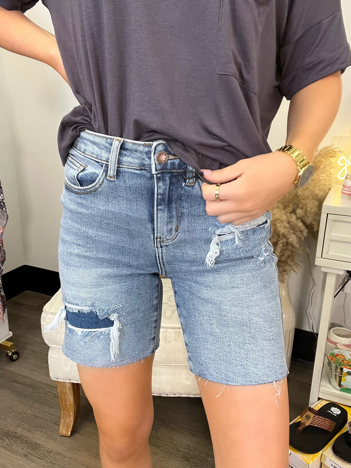 High-Waisted Mid length Denim Patch shorts
