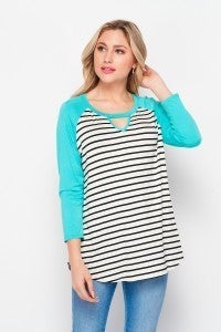 Striped Top with Teal Raglan Sleeves and Keyhole Detail