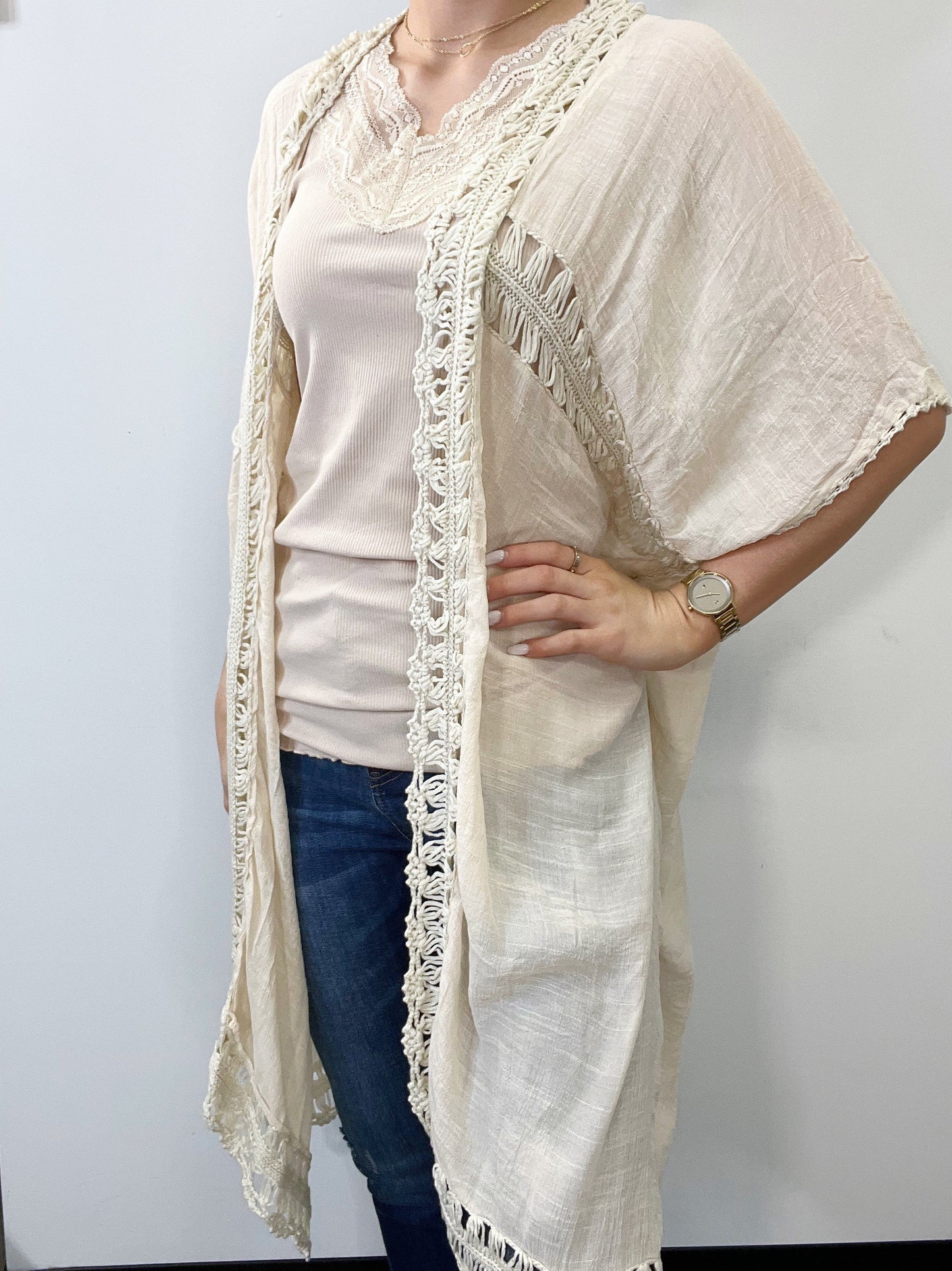 Dolman Sleeve Poly Crepe Cardigan in Ivory