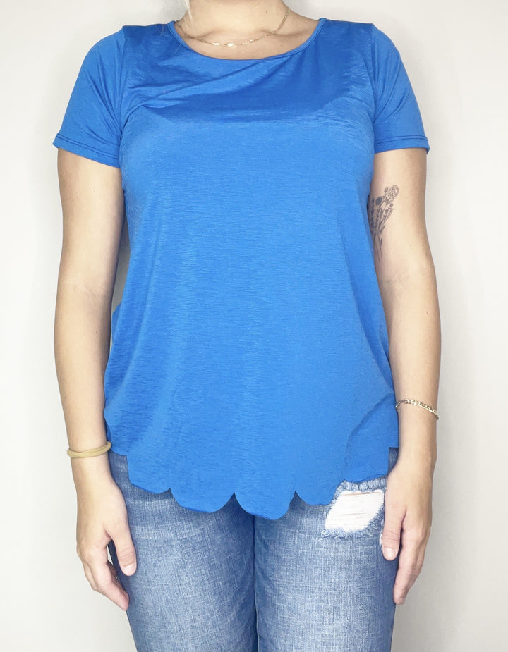Royal Blue Scoop Neck Top With Scallop Bottom