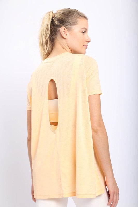 Striped Mesh Active Longline Shirt with Keyhole Back in Apricot
