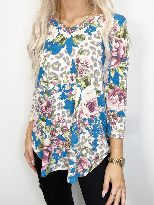 Teal and Mauve Floral 3/4 Sleeve V-Neck Top