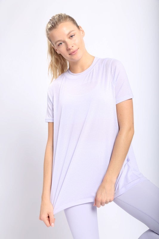 Striped Mesh Active Longline Shirt with Keyhole Back in Purple Heather