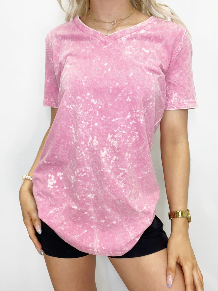 Custom Hot Pink Acid Wash V-Neck Tee