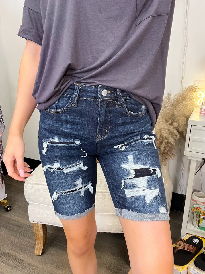Judy Blue High Rise Patch Destroyed Bermuda Shorts