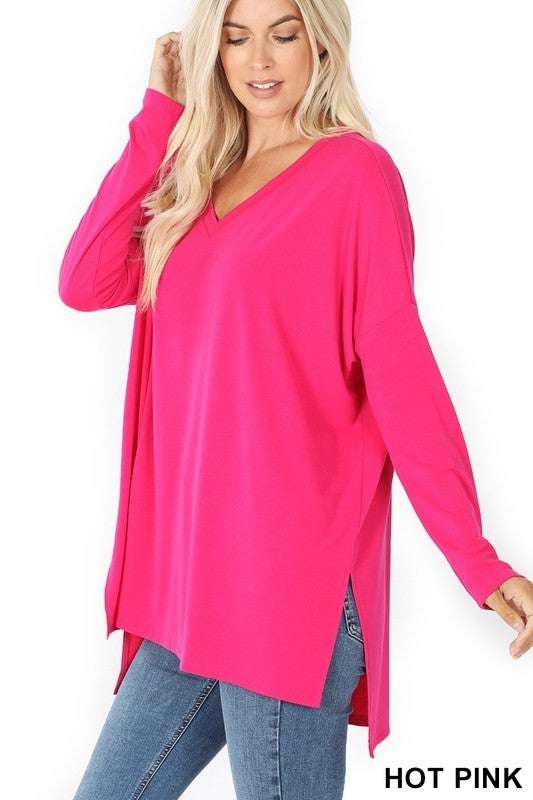 Dolman Long Sleeve V-Neck with Side Slits in Plus ***MULTIPLE COLORS***
