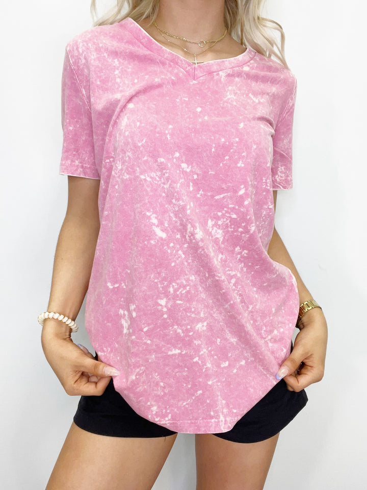 Custom Hot Pink Acid Wash V-Neck Tee