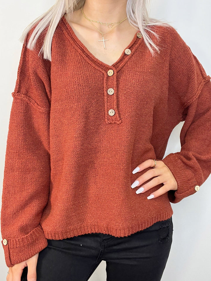 Long Sleeve Solid Knit Sweater in Rust