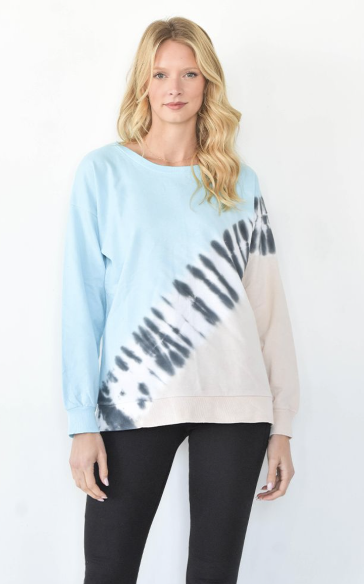 Turquoise and Taupe Crew Neck Long Sleeve Top