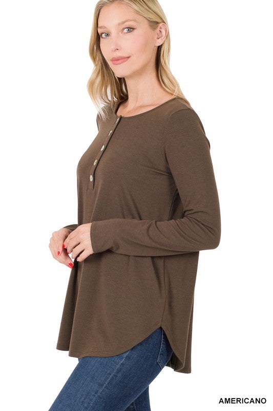 Long Sleeve Dolphin Hem Shell Button Top in Plus ***MULTIPLE COLORS***