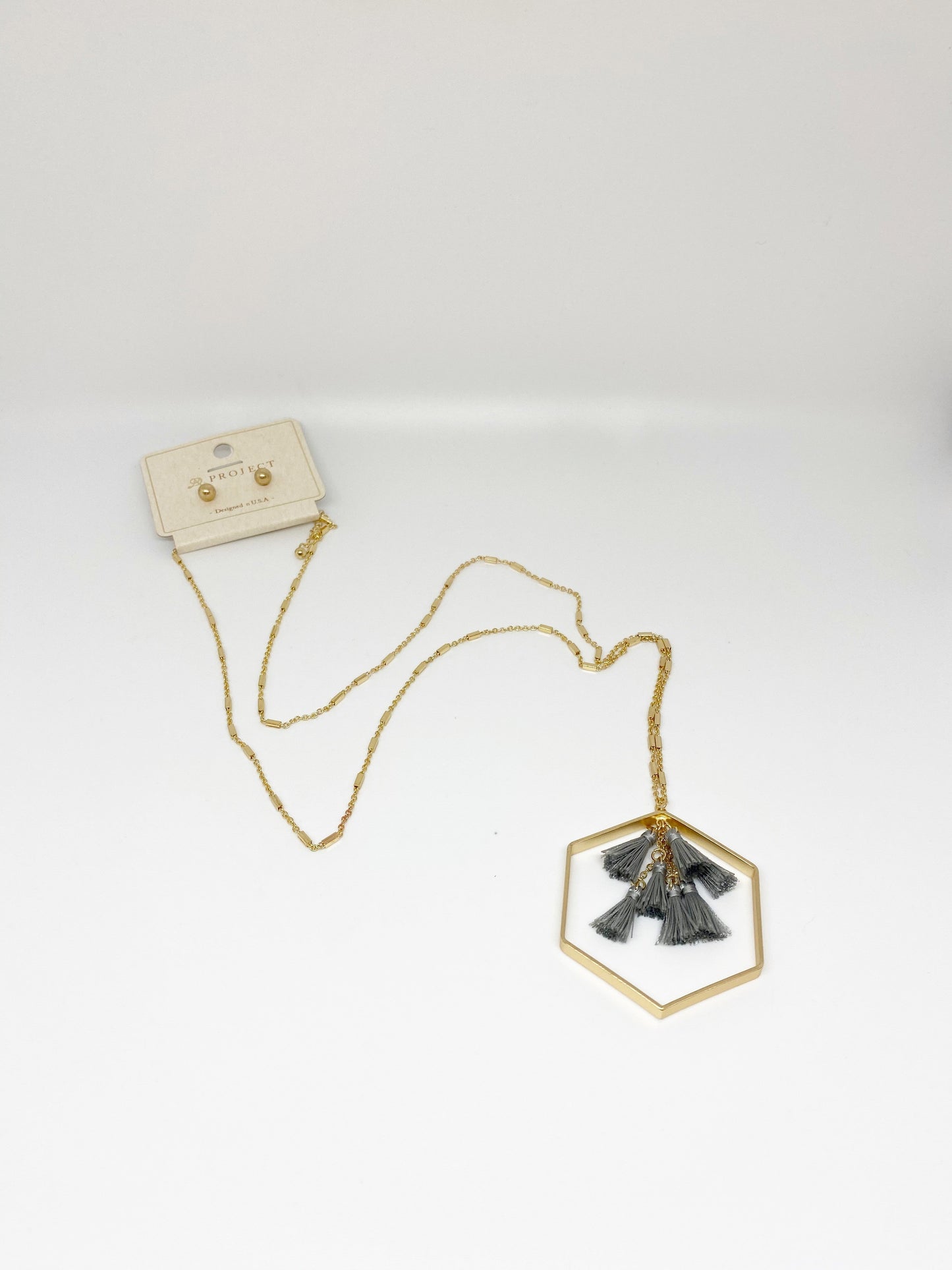 A Project Gold Hexagon Tassel Necklace & Earrings