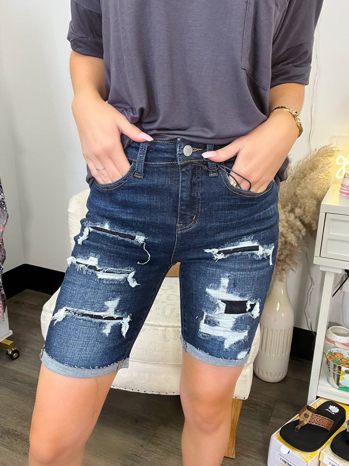 Judy Blue High Rise Patch Destroyed Bermuda Shorts