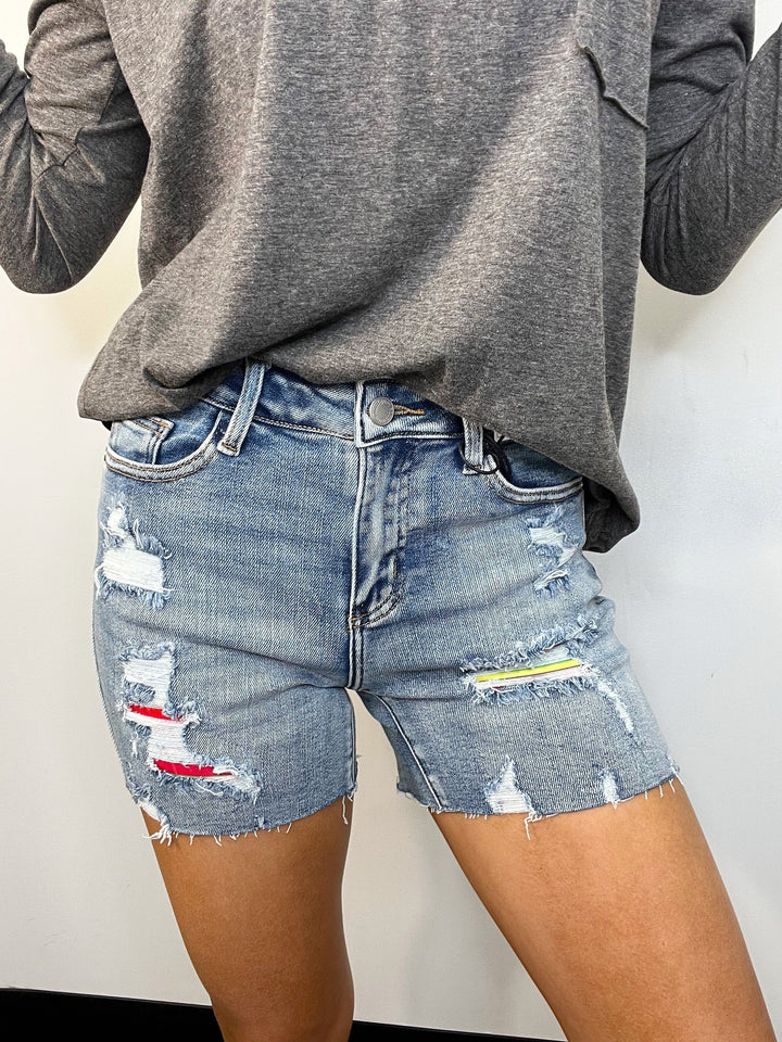 Judy Blue Mid Rise Serape Patch Destroyed Shorts