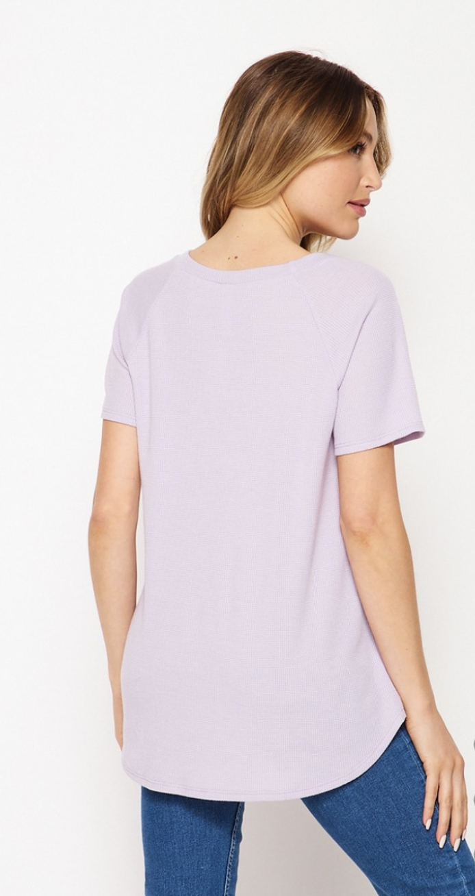 Lavender Short Sleeve Waffle Top with Caged V-neck