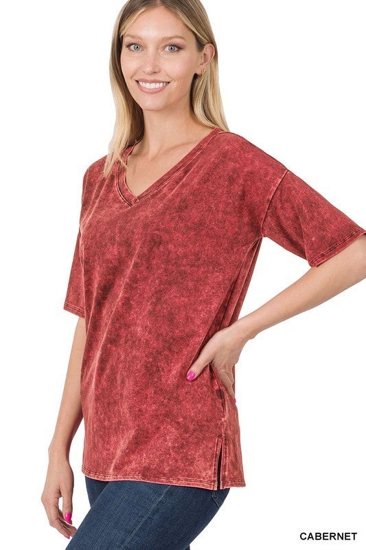 CUSTOM MINERAL WASH DROP SHOULDER V-NECK SIDE SLIT TOP REG