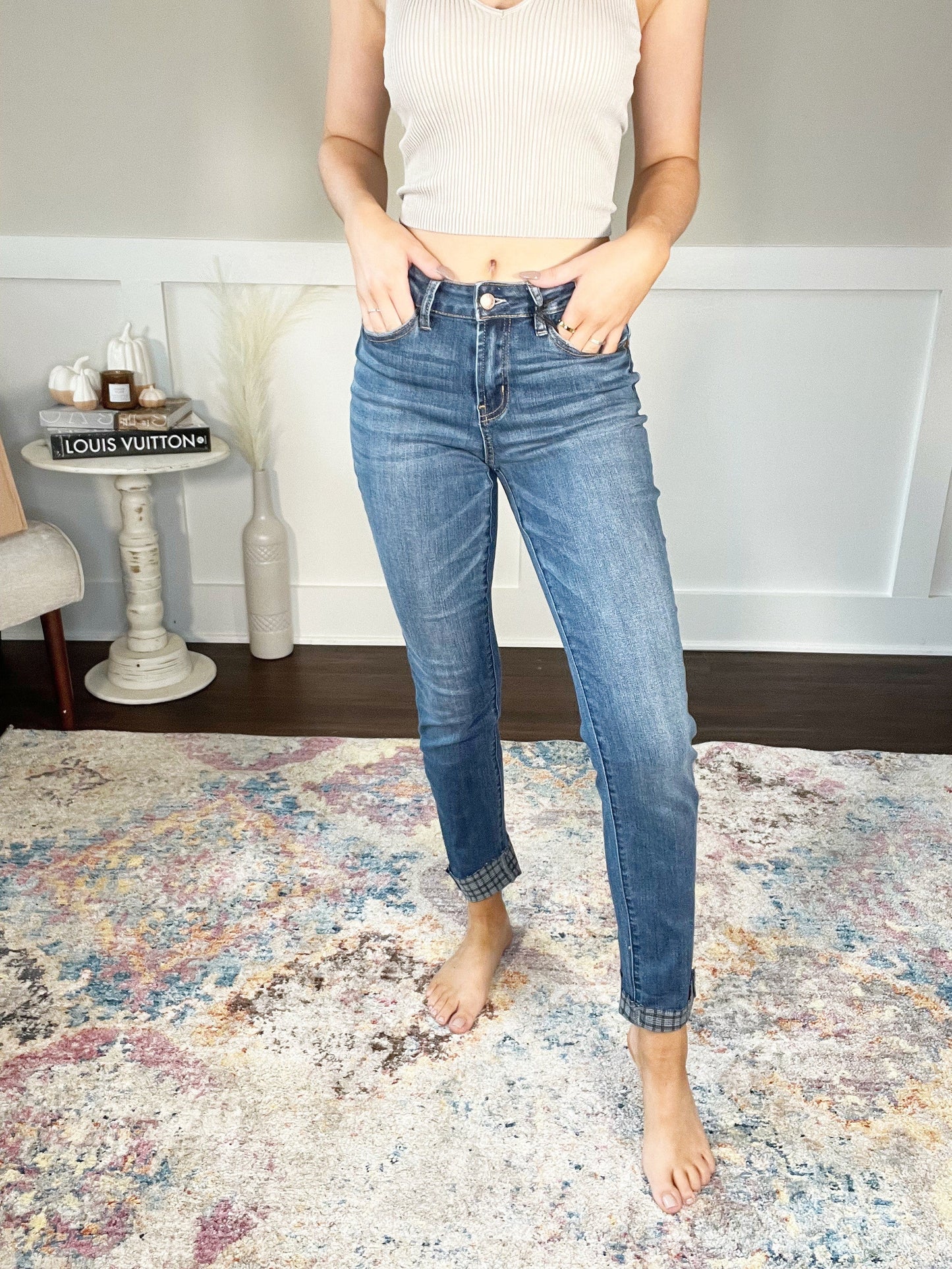 Judy Blue Mid Rise Plaid Cuff Slim Fit Jeans