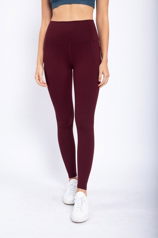 Tapered Band Essential Solid High Waist Leggings in Burgundy