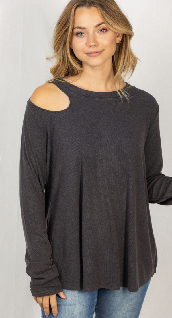 Long Sleeve Knit top with Shoulder Detail-Charcoal