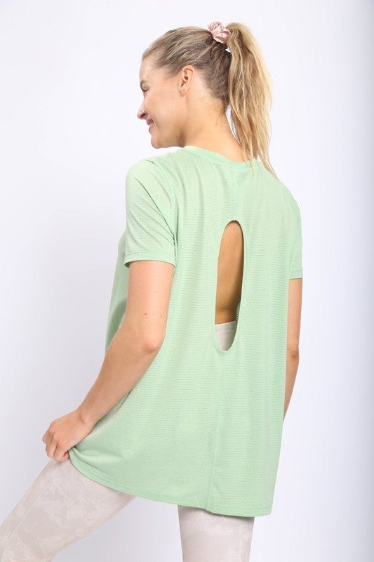 Striped Mesh Active Longline Shirt with Keyhole Back in Fair Green