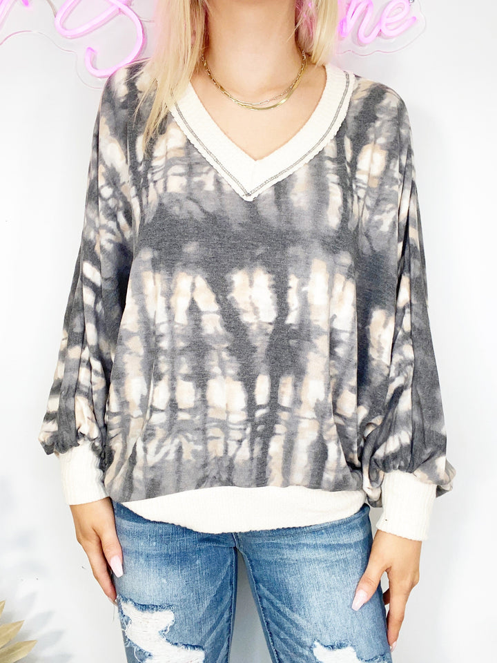 Charcoal Tie Dye V-neck Top with Ivory Trim