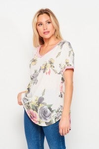 HoneyMe-Floral Top with Striped Sleeve Detail