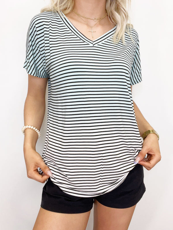 Striped Blue Ombre Dipped V-Neck