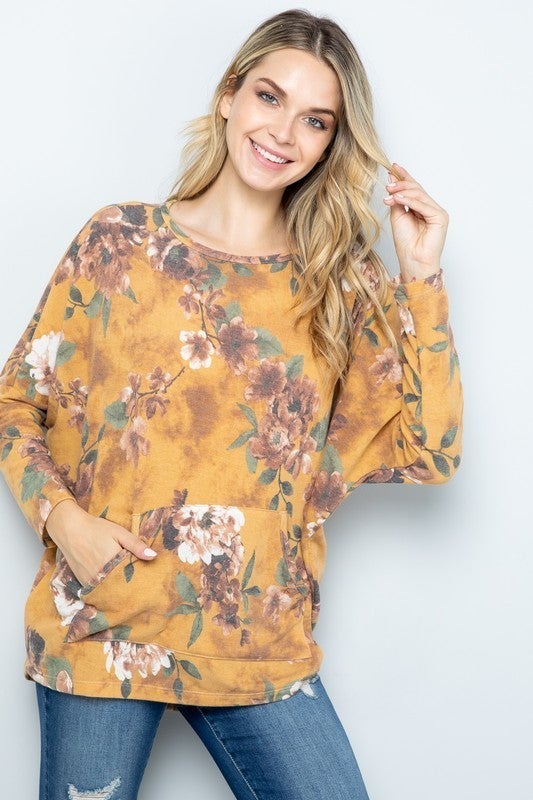 *French Terry Floral  Dolman in Mustard or Blue