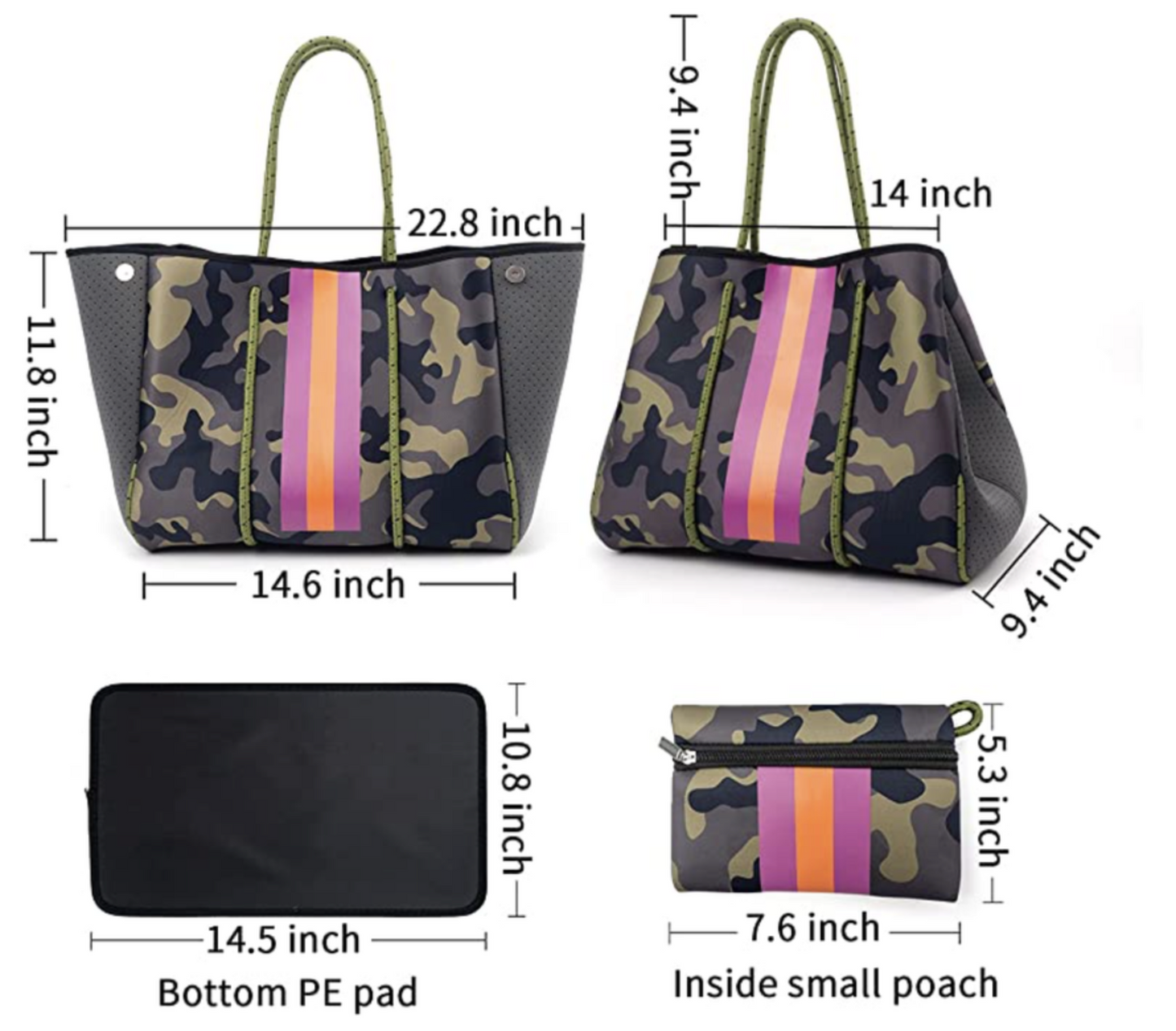 Green Camo Neoprene Tote with Pouch