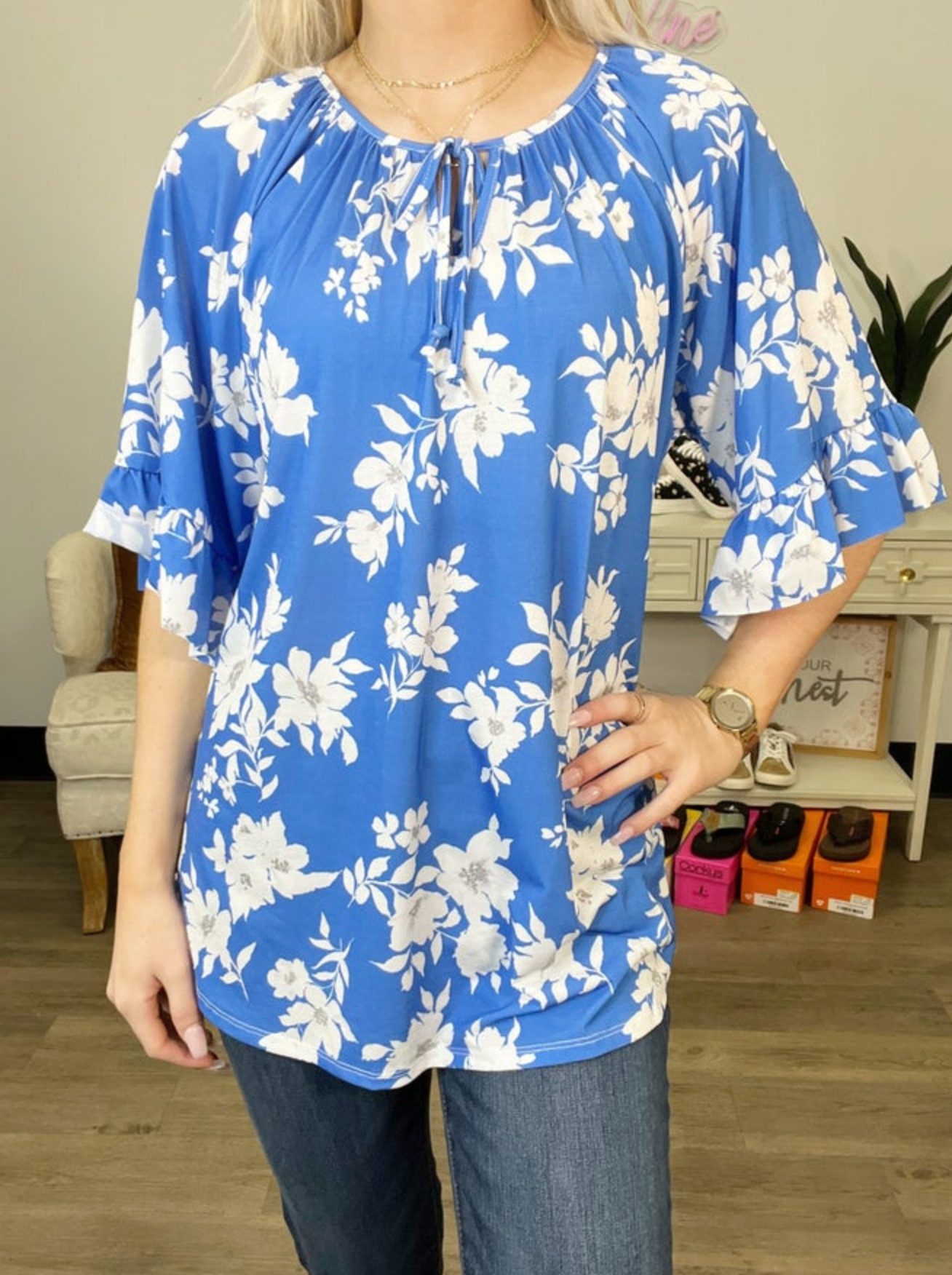 Royal Blue/Ivory Ruffle Sleeve Floral Top