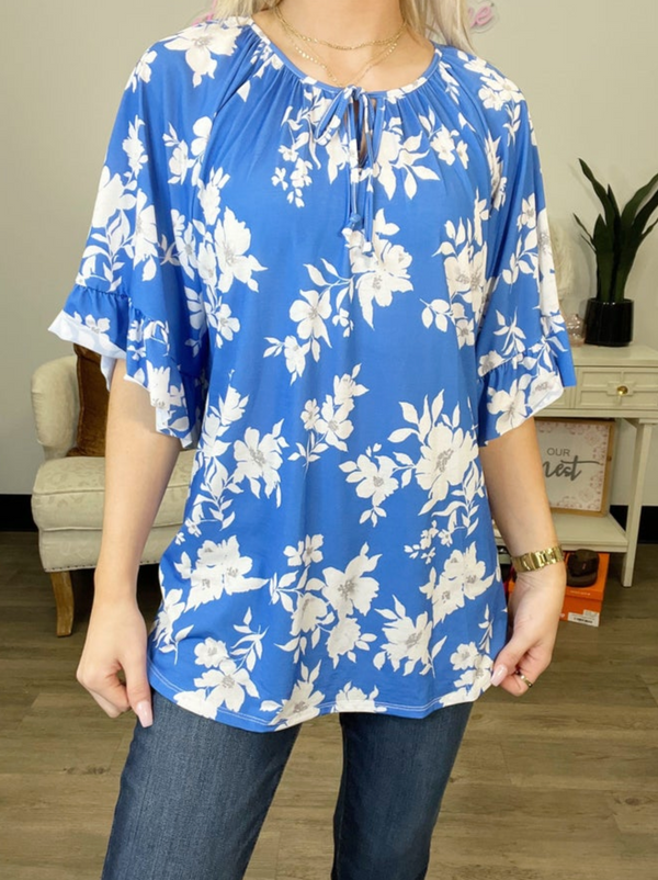 Royal Blue/Ivory Ruffle Sleeve Floral Top
