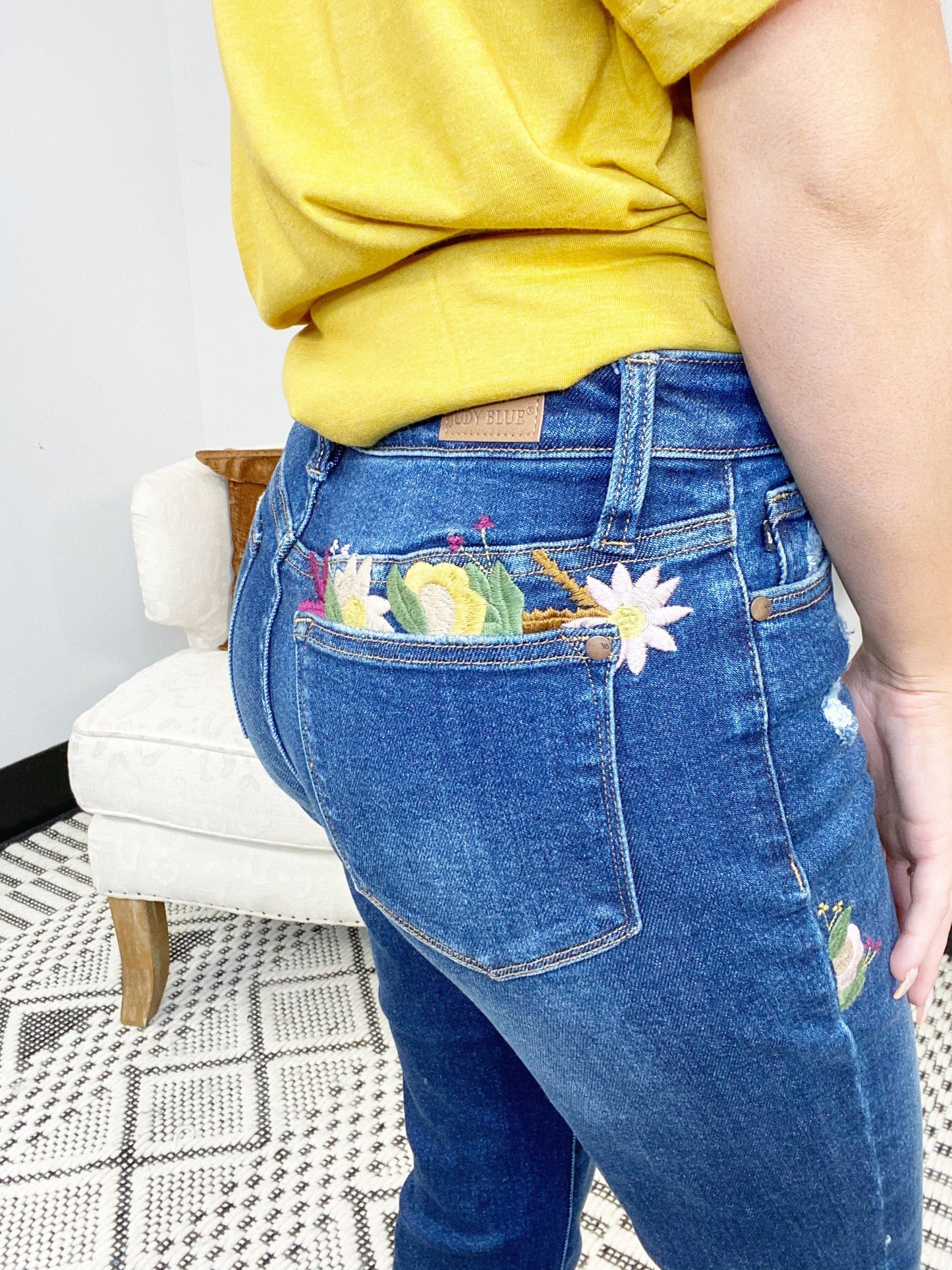 Judy Blue Floral Embroidered High Rise Boyfriend Jeans