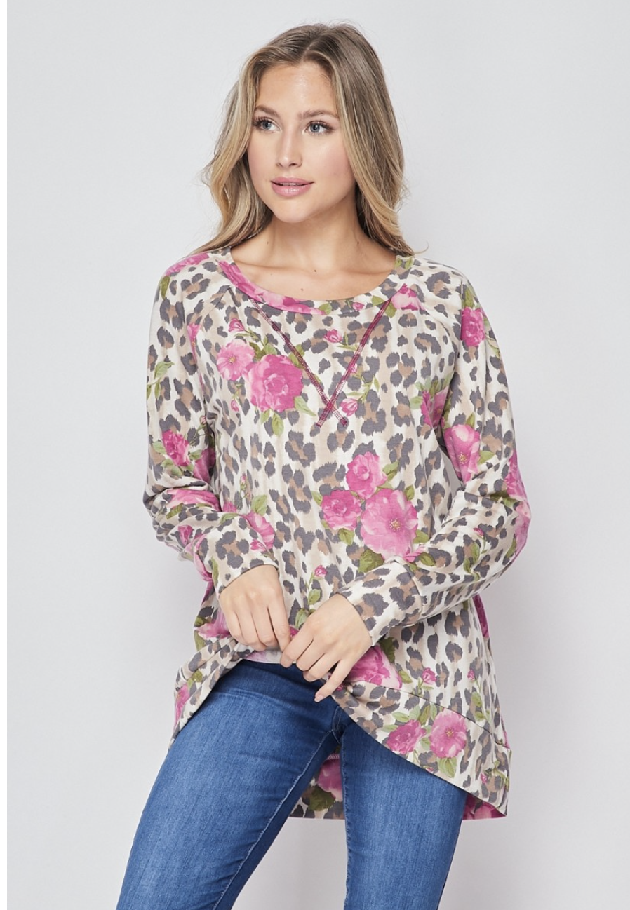HoneyMe Leopard and Floral Top in Taupe and Magenta