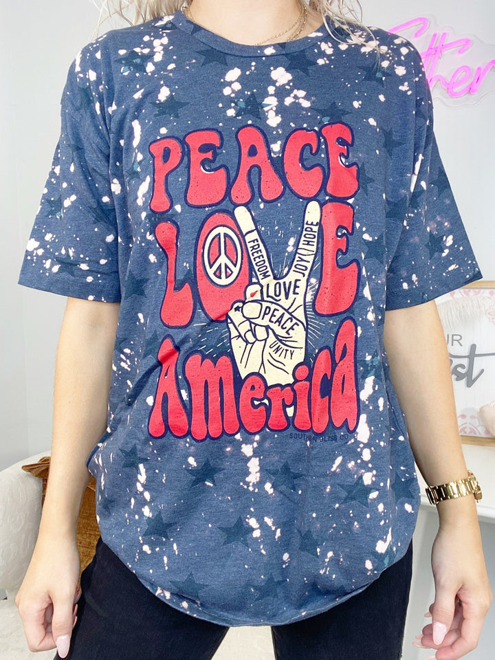 Peace| Love| America| Denim Star Bleached Graphic Tee