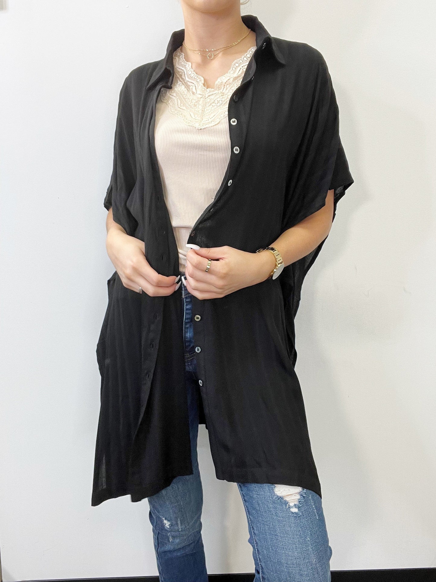 Draping, Oversized, Collard Button Up Top