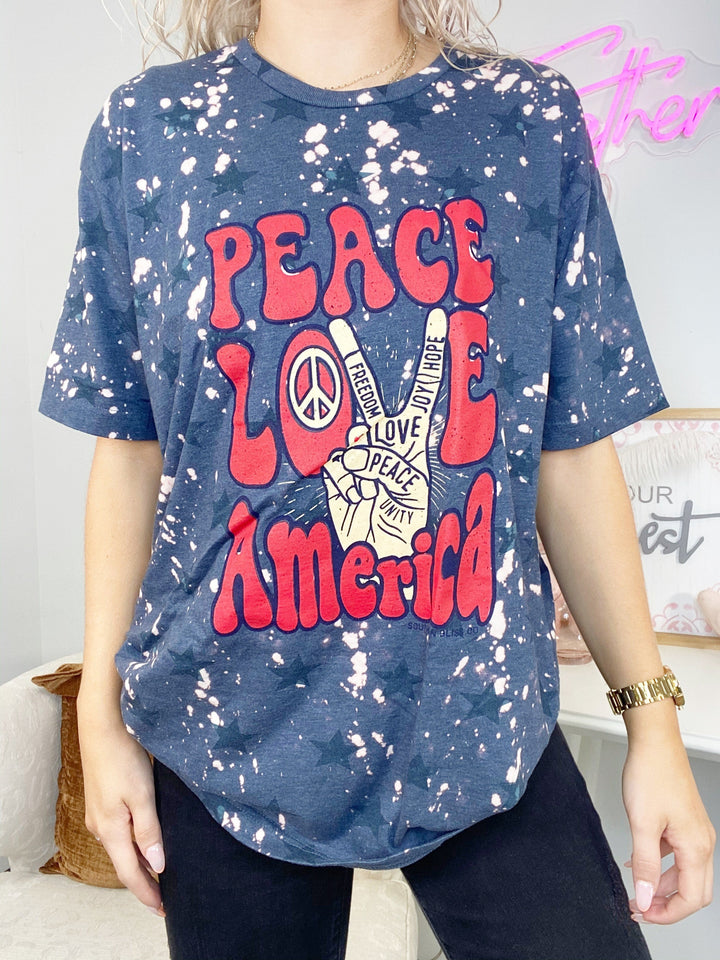 Peace| Love| America| Denim Star Bleached Graphic Tee