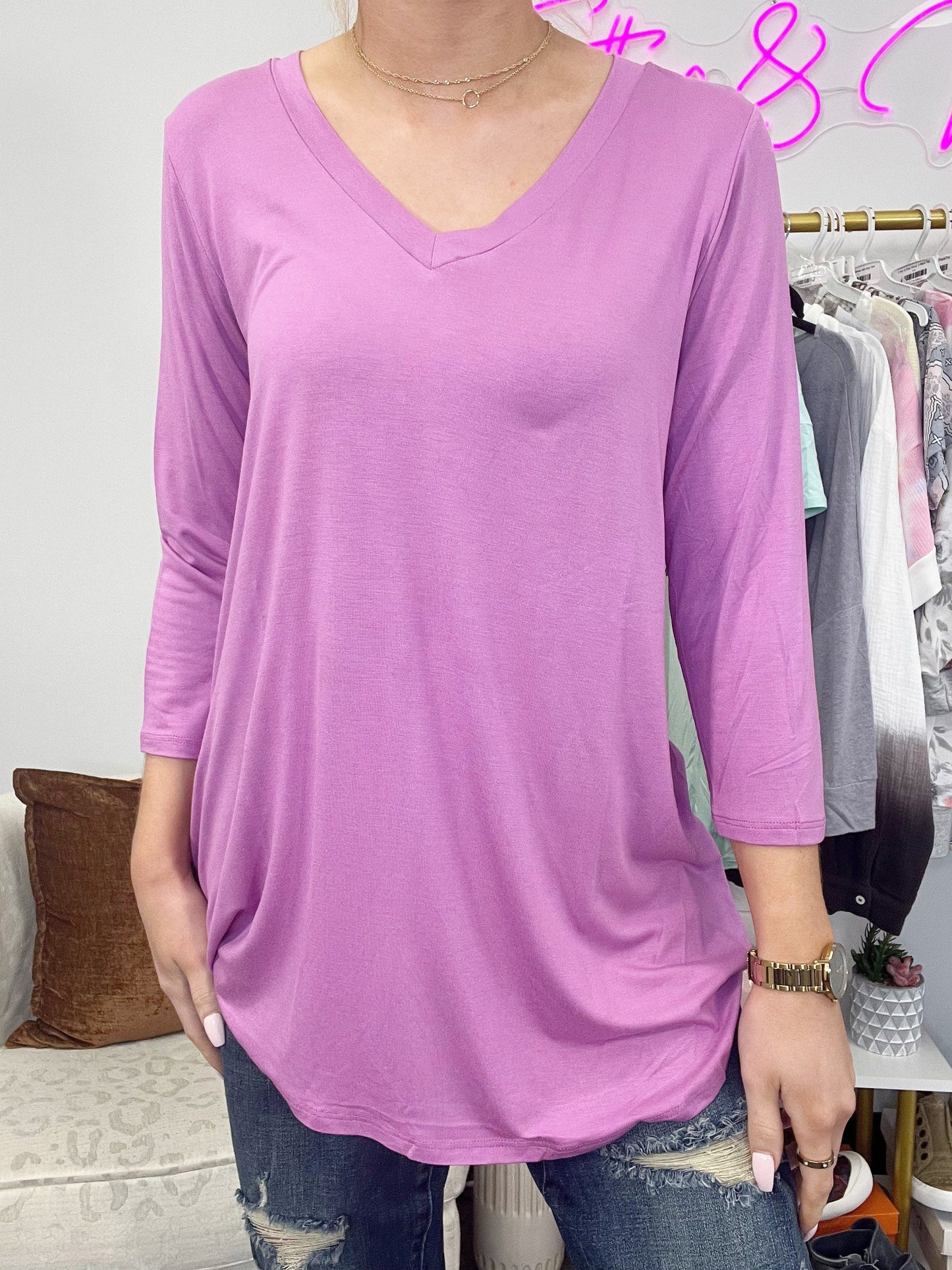 Purple 3/4 Sleeve V-Neck Top